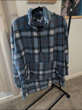 Blue Plaid Sherpa Quarter-Zip Sweater